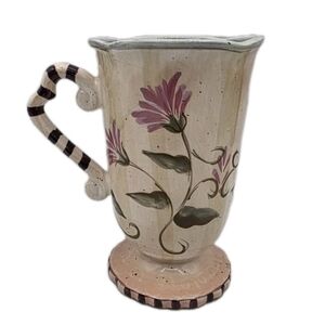 222 Fifth Ibiza Footed Mug 6" Floral Tan Coffee Tea Cream Discontinued Striped